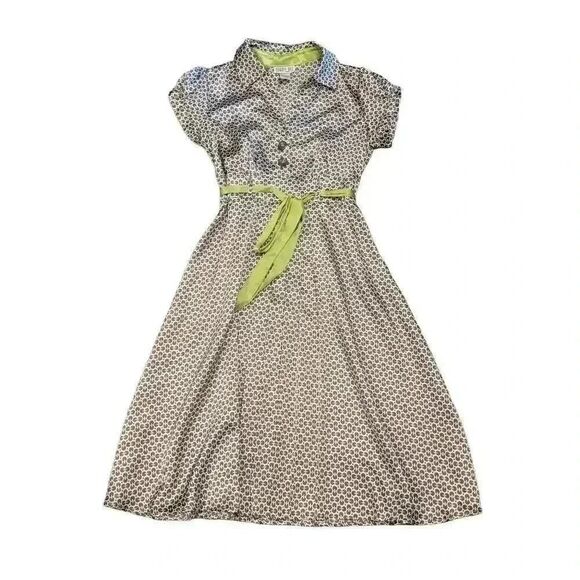 Robbie Bee Women's White/Brown/Lime Green Poly Satin A-Line Short Sleeve Button - Picture 1 of 12